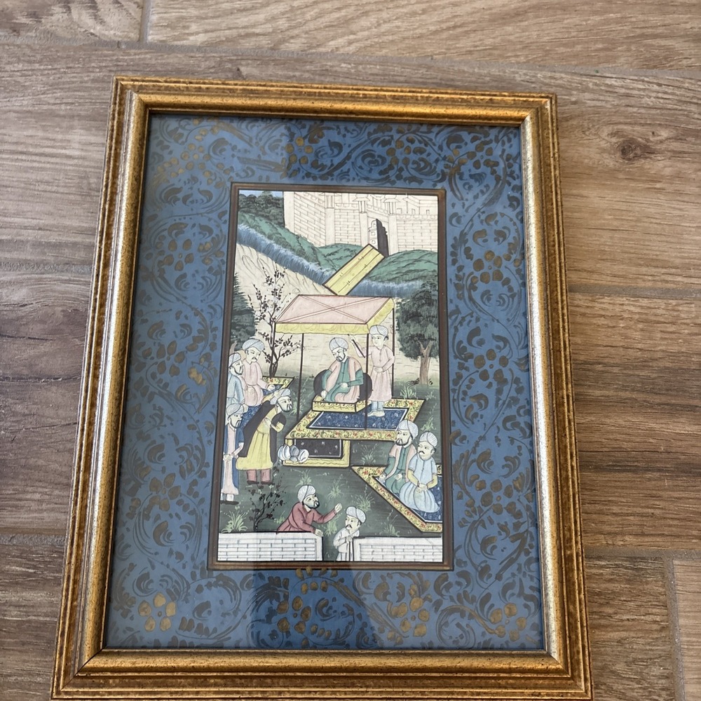 Persian Mughal Painting of Emperor Man & Figures w/ Blue Painted Matte
in frame